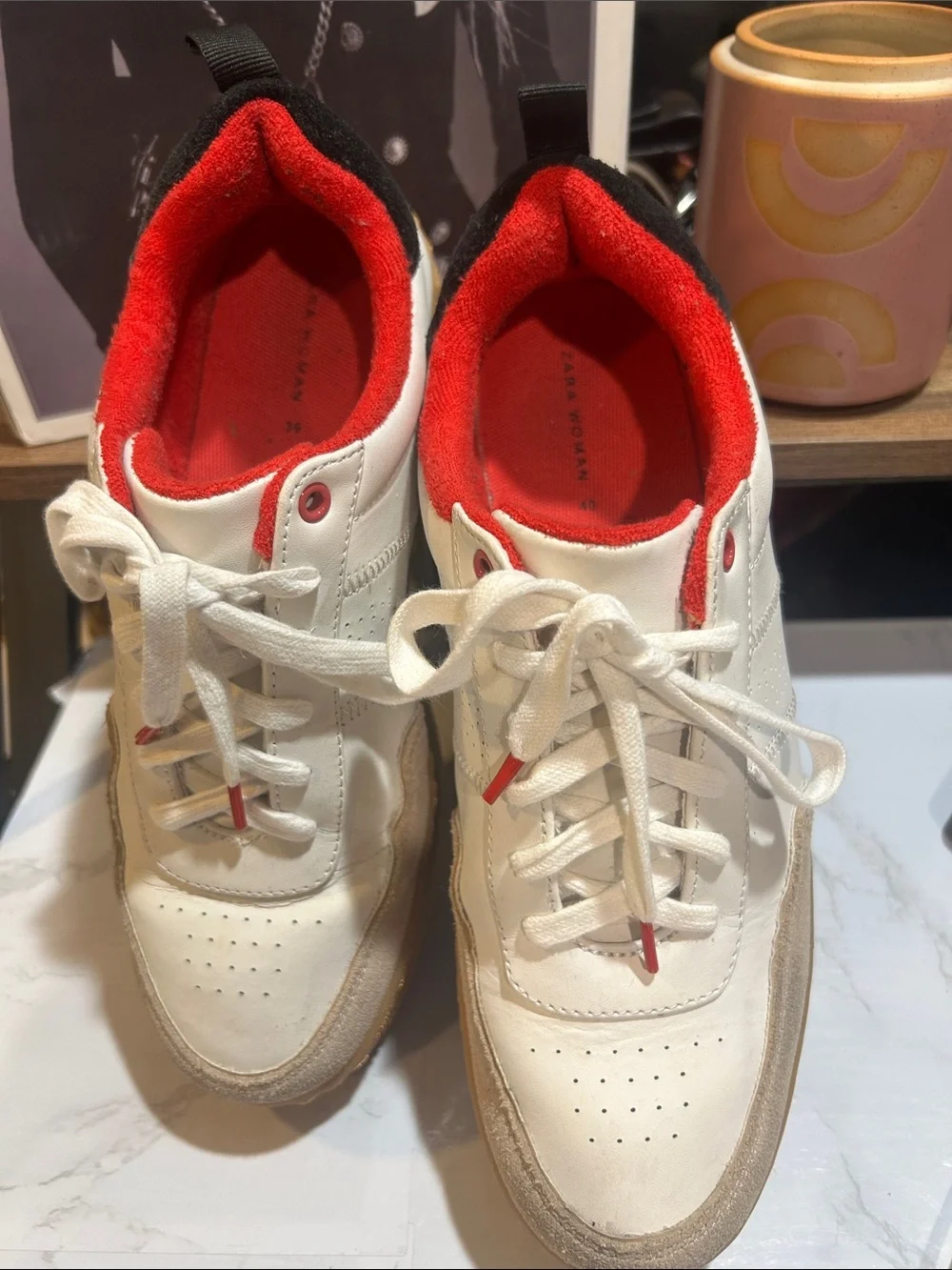 Zara White, Red & Tan Platform Sneakers